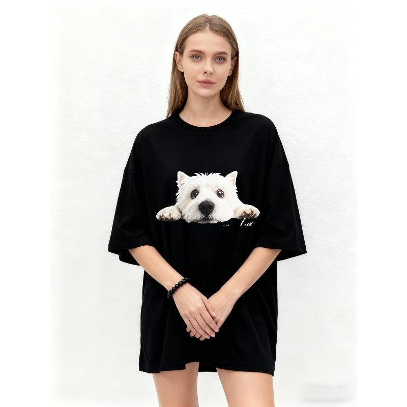 Oversized T Shirt Black Westie Dog Print Casual Wear for Women Everyday Outfit Streetwear Fashion Statement Top