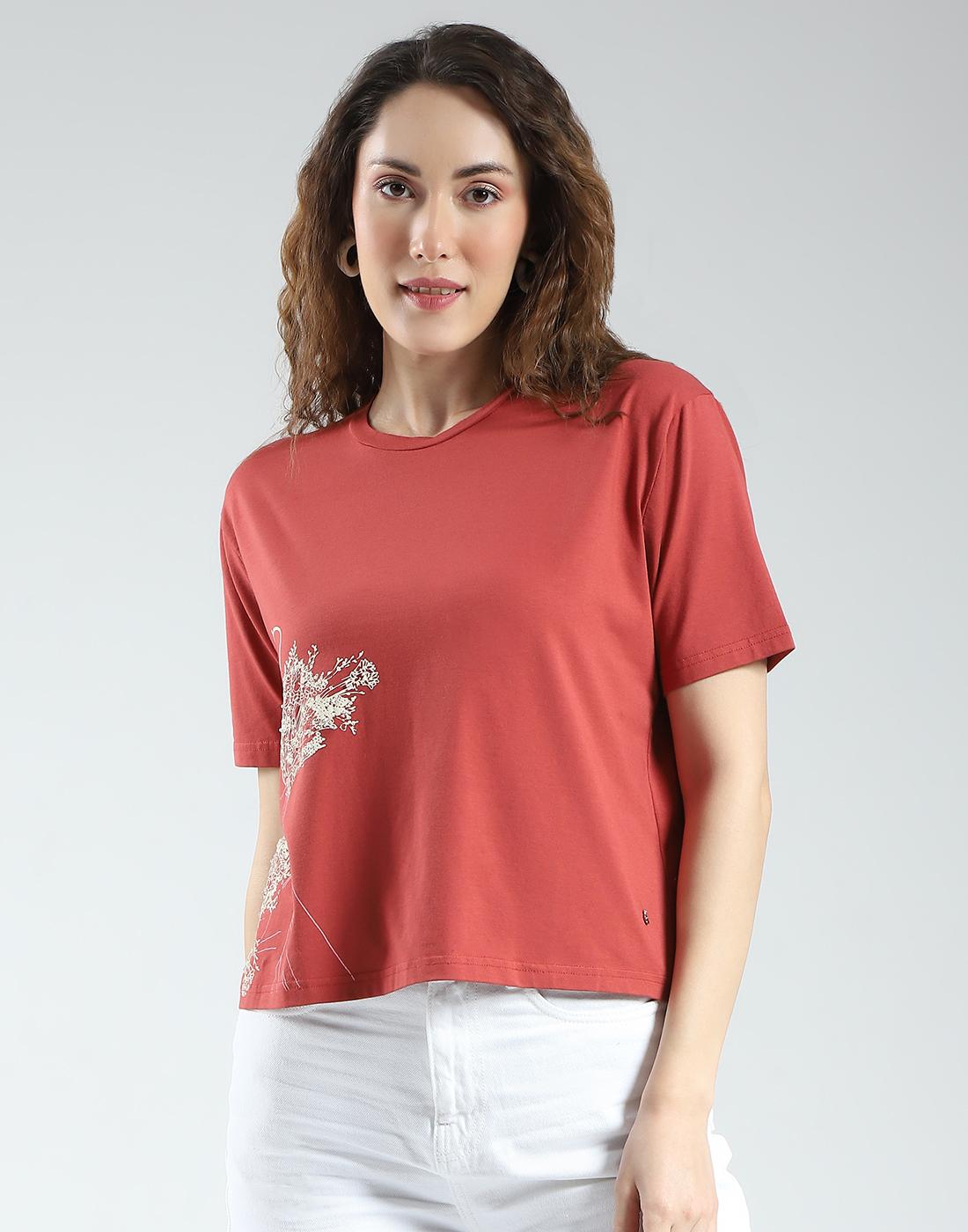 

Женский топ Monte Carlo обычного кроя с принтом, с полурукавом и круглым вырезом XL ржавый