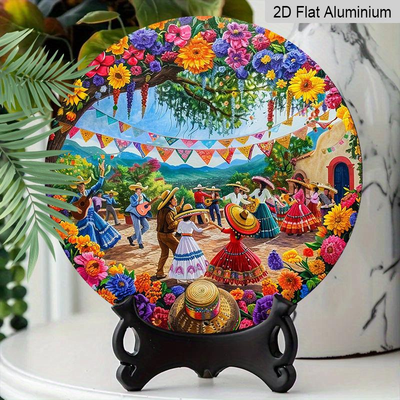 2D Flat, 1pc Round Cinco De Mayo Aluminum Hanging Sign, Colorful Mexican Fiesta Dancing Folk Flower Sombrero Design, Vibrant Metal Wall Decor