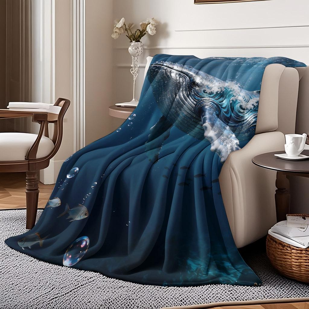 Cozy Deep Sea Whale Print Throw Blanket - Ocean Life Animal Motif Soft Lightweight Accent for Sofa Bed Travel Office Gift