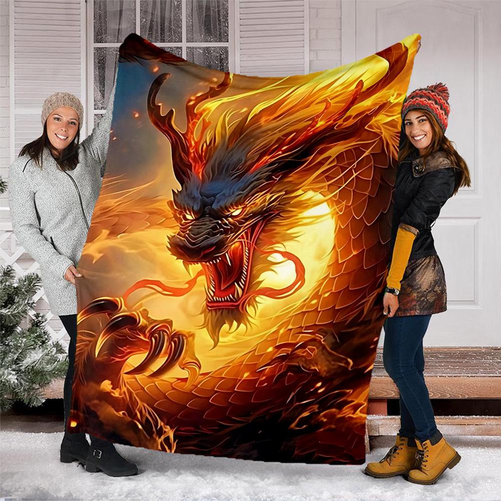 1pc Fire Dragon Art Print Throw Blanket Polyester Fiber, Lightweight Flannel, Soft & Warm, All Season Use for Outdoor, Camping Digital Print