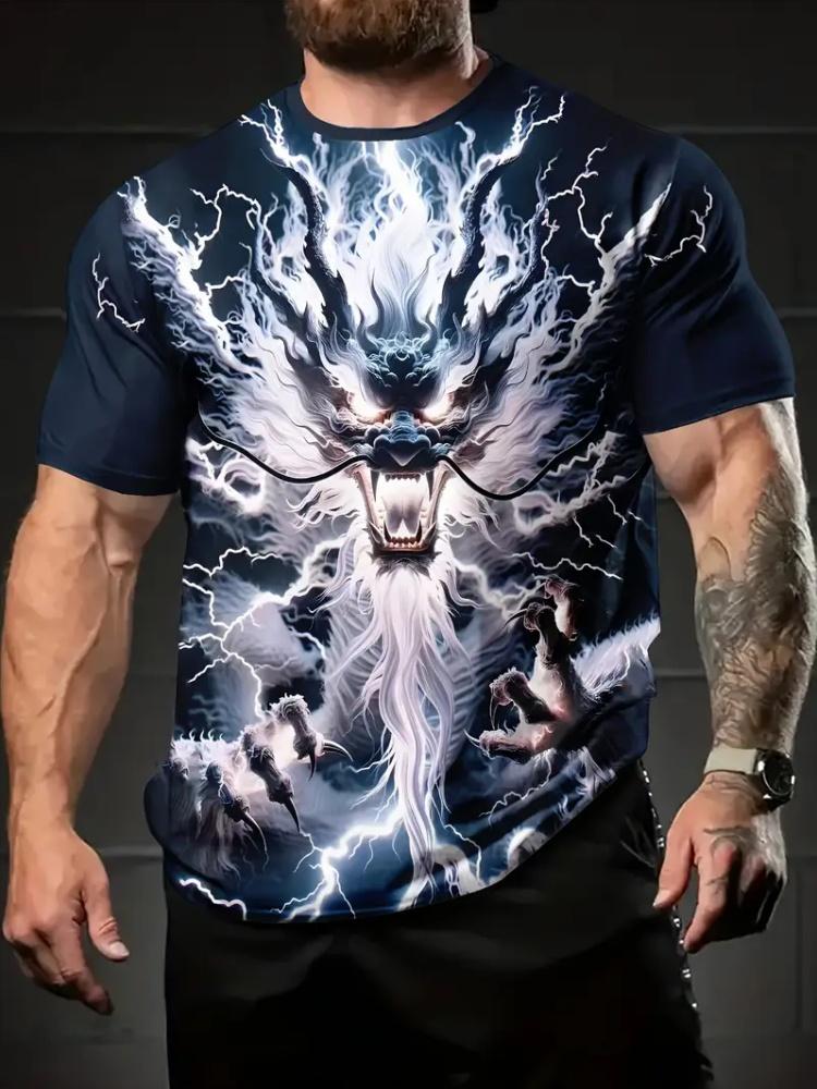Men's 3D Dragon Print T-Shirt Summer Street Casual Crew Neck Short Sleeve Clothes Tee Tops Fashion Harajuku Oversized T-Shirt