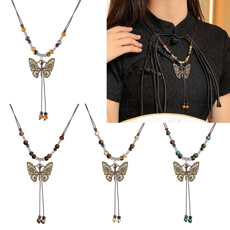 Vintage braune Seil-Handgefertigte Natursteinperlen Schmetterling Anhänger Halskette Für Liebhaber Frauen Pullover Kette Ästhetischer Schmuck
