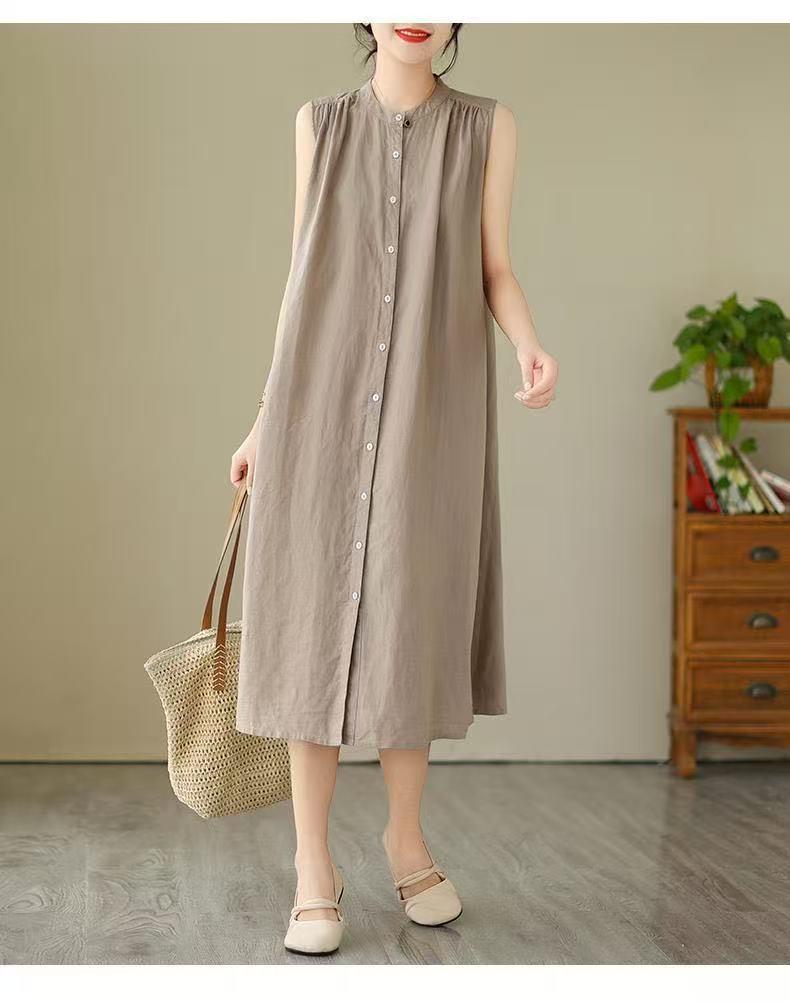 2026 New Summer Casual Sleeveless Cotton Linen Dress - Slimming, Loose Fit, Solid Color