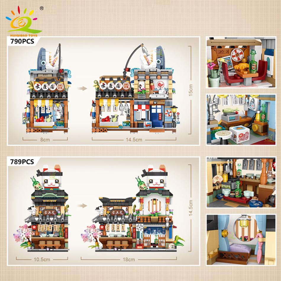 Non-Toxic City Mini Chinese Street View Grocery Store Meat Shop Building Blocks Japanese Food Ice Shop Figures Bricks Toys Child