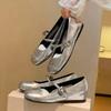 New Summer Round Toe Light Mouth Silver Small Leather Shoes Flat Sole Heightened Soft Sole Mary Jane Single Shoes for Women