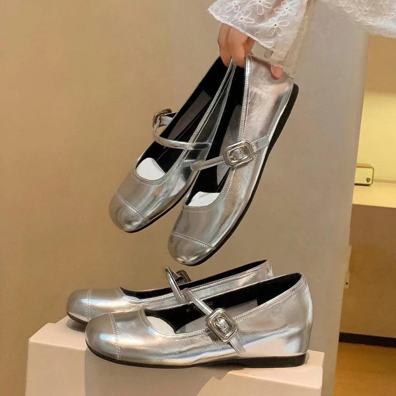 New Summer Round Toe Light Mouth Silver Small Leather Shoes Flat Sole Heightened Soft Sole Mary Jane Single Shoes for Women
