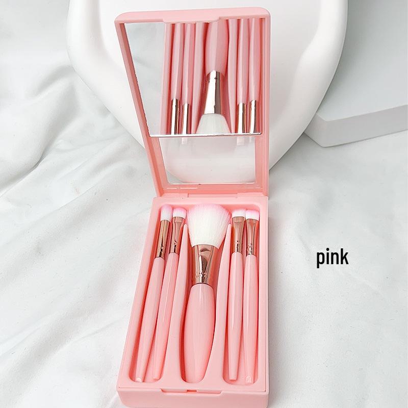 

Портативный набор из 5 кистей для макияжа с зеркалом: Включает в себя кисти для теней для век, губ и румян - новая модель