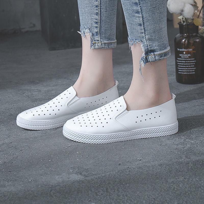 Women's Summer White Breathable Leather Slip-On Shoes with Soft Sole