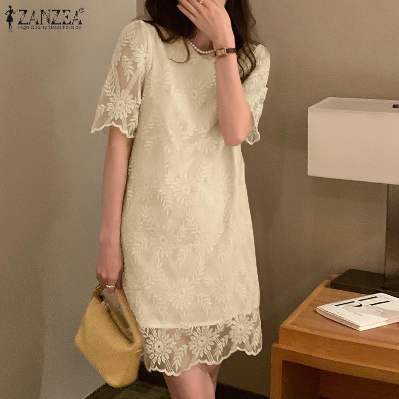 

ZANZEA Летнее повседневное кружевное платье с короткими рукавами и круглым вырезом