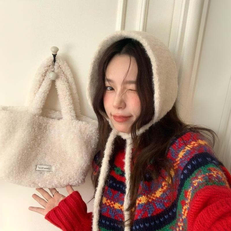 Womens Cute Polka Dot Fuzzy Knit Ear Flap Hat Soft Warm Fabric Adjustable Tie Strings For Winter Daily Wear Outdoor Activities