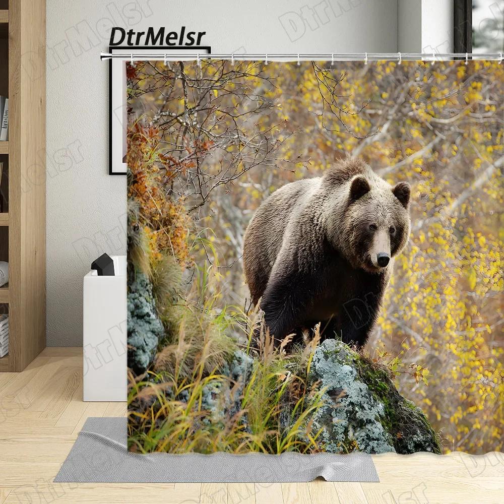 Wild Brown Bear Shower Curtains Funny Animals Autumn Rural Forest Landscape Bath Curtain Modern Fabric Home Bathroom Decor Set