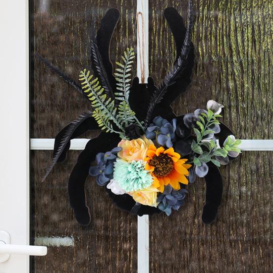 Halloween Spider Wreath for Front Door Wooden Black Spider Shaped Door Sign with Artificial Flowers for Indoor Outdoor Wall Decor