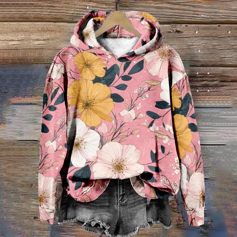 Women's Floral Hoodie Hipster Winter Pullover Harajuku Loose-Fit Casual Sweatshirt Cozy Fleece-Lined Jacket Casual Streetwear