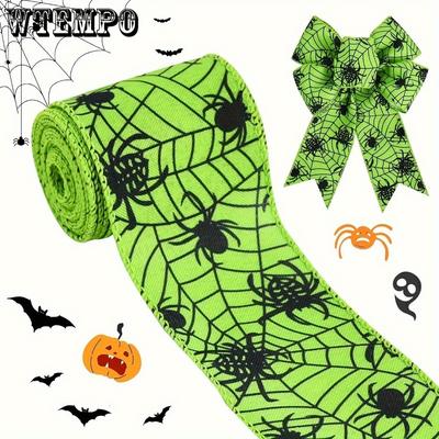 2 rolos Fita Arame Halloween Verde Teia de Aranha Juta Fita Estampada Arame Borda para Artesanato Presentes Topo de Árvore Guirlanda Laço Festa DIY Casa Exterior