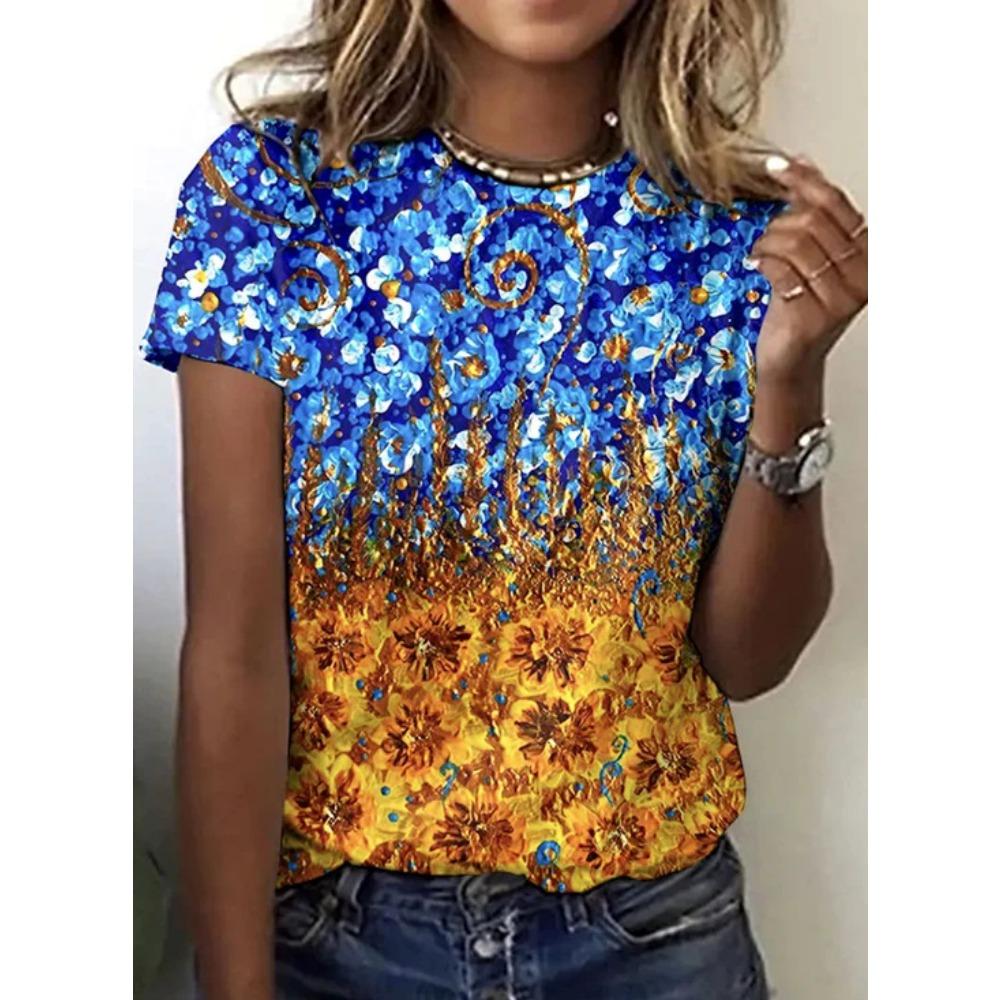 Retro Ethnic Floral T-shirt 3D Printed Women's Round Neck Short Sleeved T-shirt Street Wear Harajuku T-shirt Women's Clothing