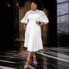 Plus Size Lace Lantern Sleeve Dress with Pleated Skirt - Christmas Gift