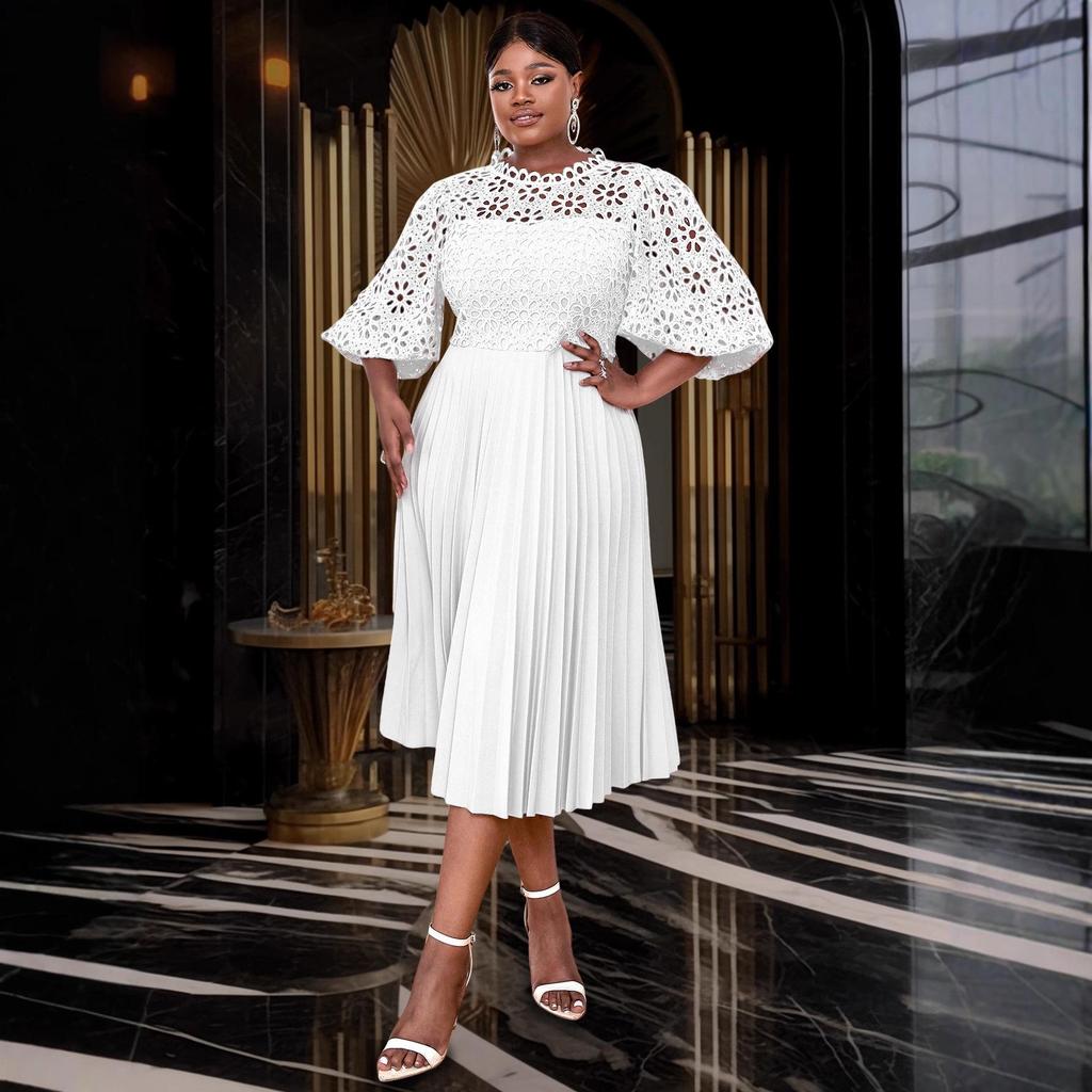 Plus Size Lace Lantern Sleeve Dress with Pleated Skirt - Christmas Gift
