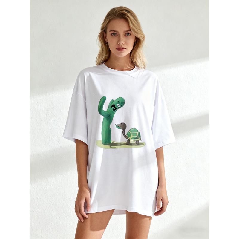 Oversized T Shirt Black Cactus And Turtle Print Casual Wear For Women Summer Streetwear Fashion Top