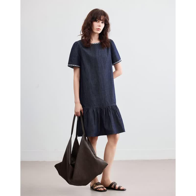 Women s Retro Embroidered Ruffle Cotton Denim Dress XL