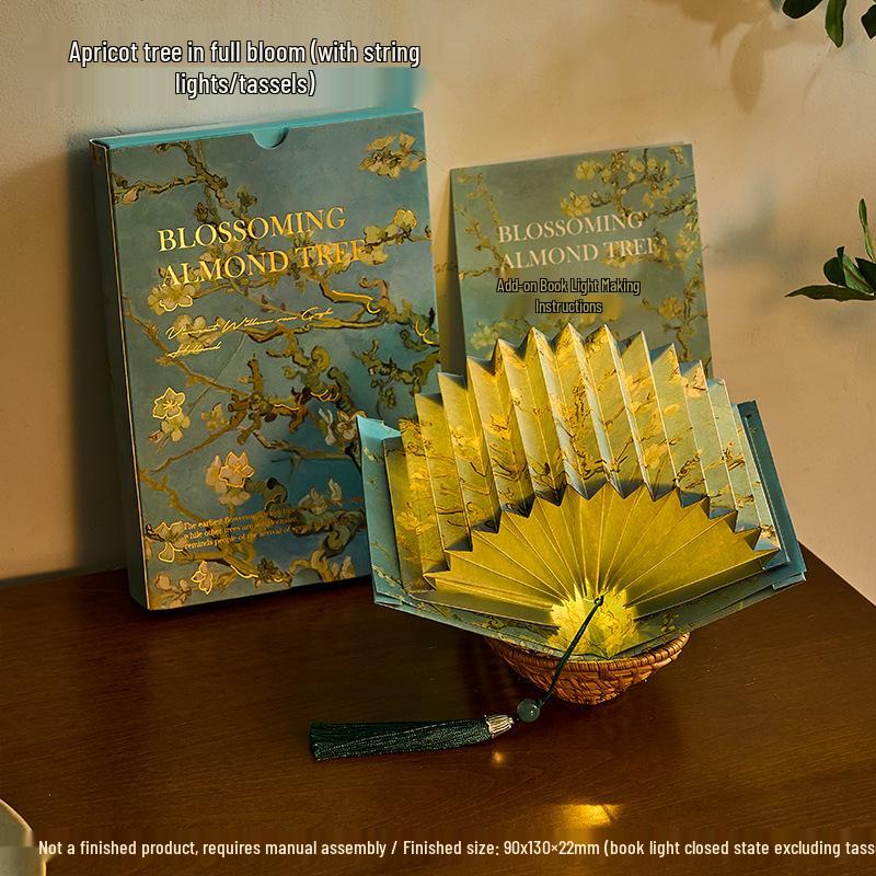 Burning Glass Bead Fan-Shaped Lamp: Oil Painting-Inspired Book Lamp with Calligraphy Text - Creative Ancient Style Gift.