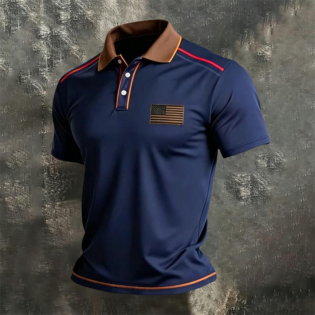 Men's Casual Short Sleeve Polo Shirt with Independent Day Flag Print and Color Block Design for Outdoor and Everyday Wear