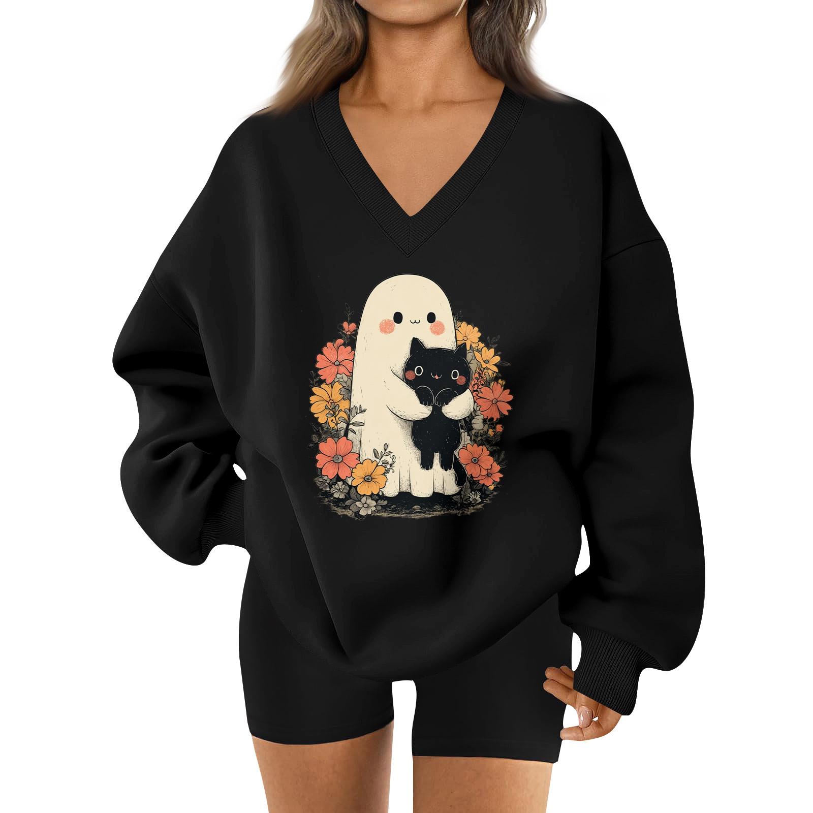 

Женский спортивный свитшот с V-образным вырезом, приспущенным плечом и принтом на Хэллоуин S