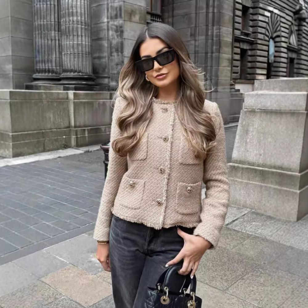 Chic Female Tweed Basic Jacket Coat Women Clothing Woolen Outerwear Long Sleeve Front Button Female Outerwear Chic Tops