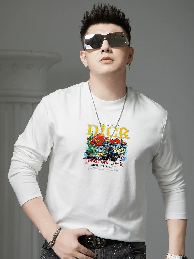 European-Style Long-Sleeve T-Shirt for Men, Autumn 2025 New Trendy Brand Printed Rhinestone Round-Neck Base Shirt, Men s Casual Top L чёрный