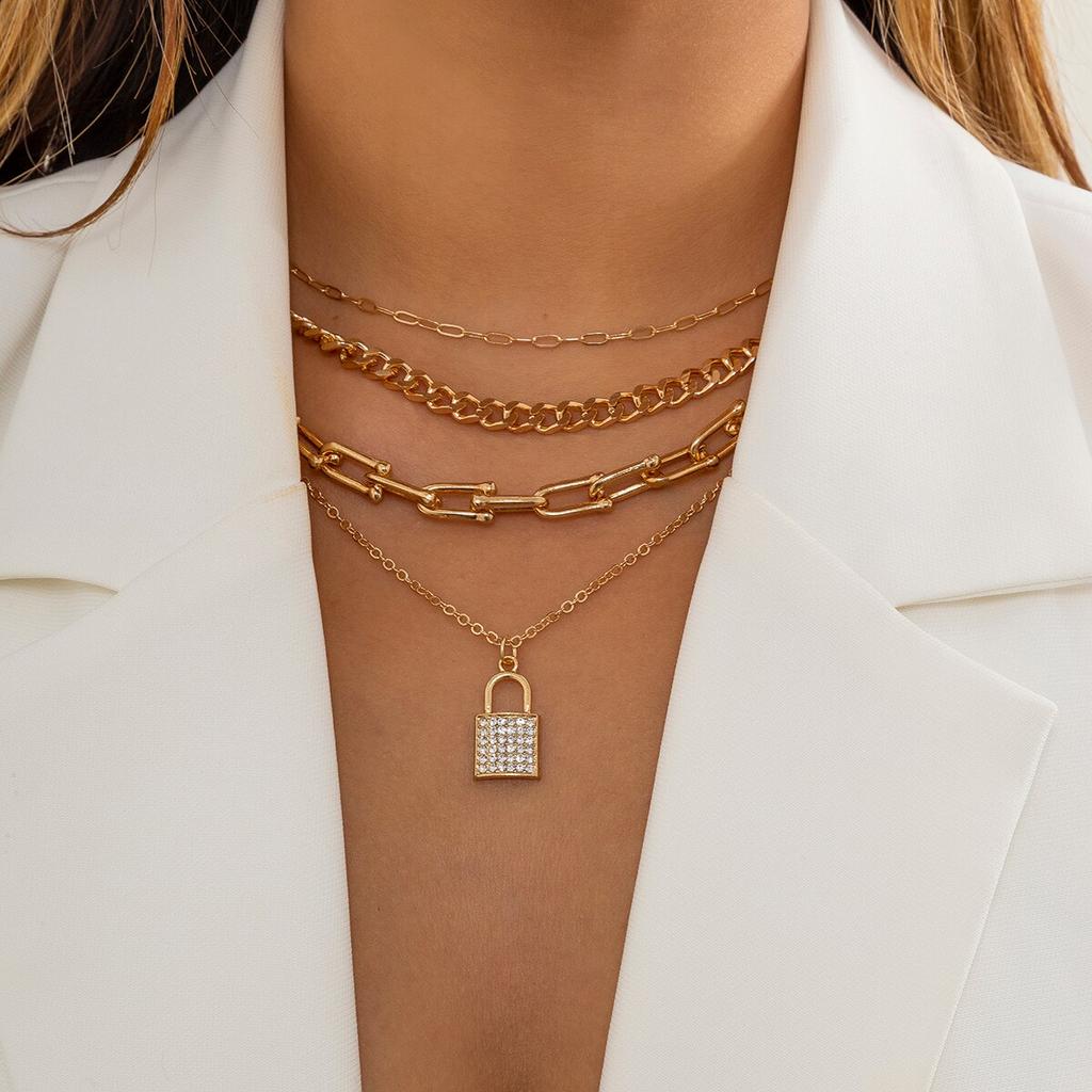 Kunjoe Bohemian Stylish Fashionable U Shaped Link Chain Choker Pendant Necklace Girl Crystal Stone Rhinestone Lock Women Pendant Pendant Necklace