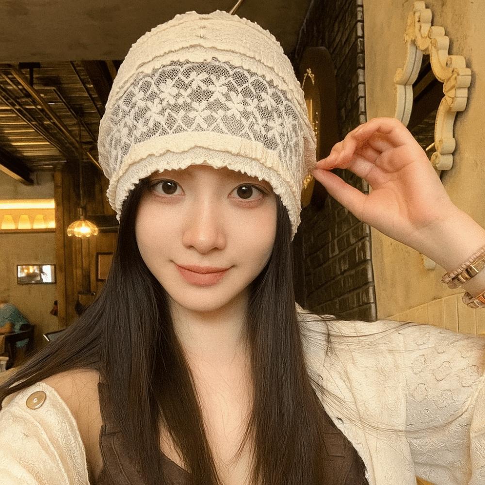 Breathable Beanies Hat Y2k Flower Cap Cute Embroidered Lace Hat  Apparel Accessories