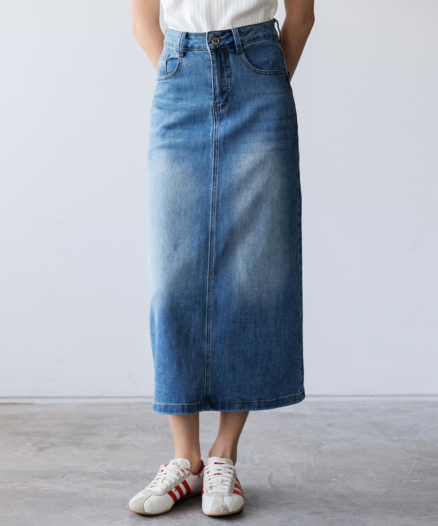 HYFVE Cotton Back Slit Washed Denim Long Skirt