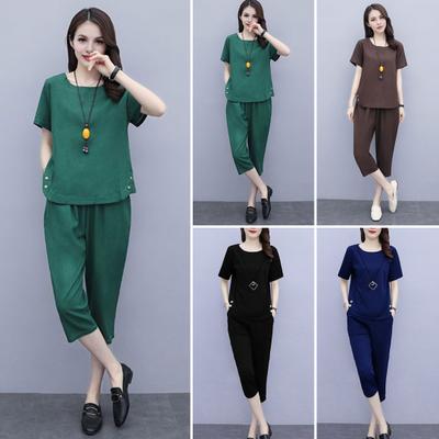 Women's Summer Two-Piece Set Casual Short Sleeves Top Cropped Pants Set Loose