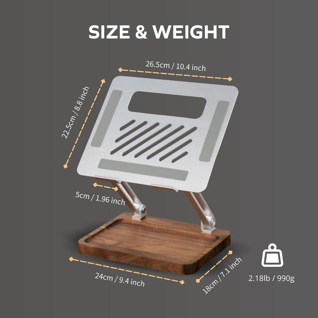 Muso Wood Wooden Laptop Stand for Desk, Laptop Riser with Walnut Storage Base, Adjustable Laptop Stand, Ergonomic Wooden Laptop Ventilation Stand for