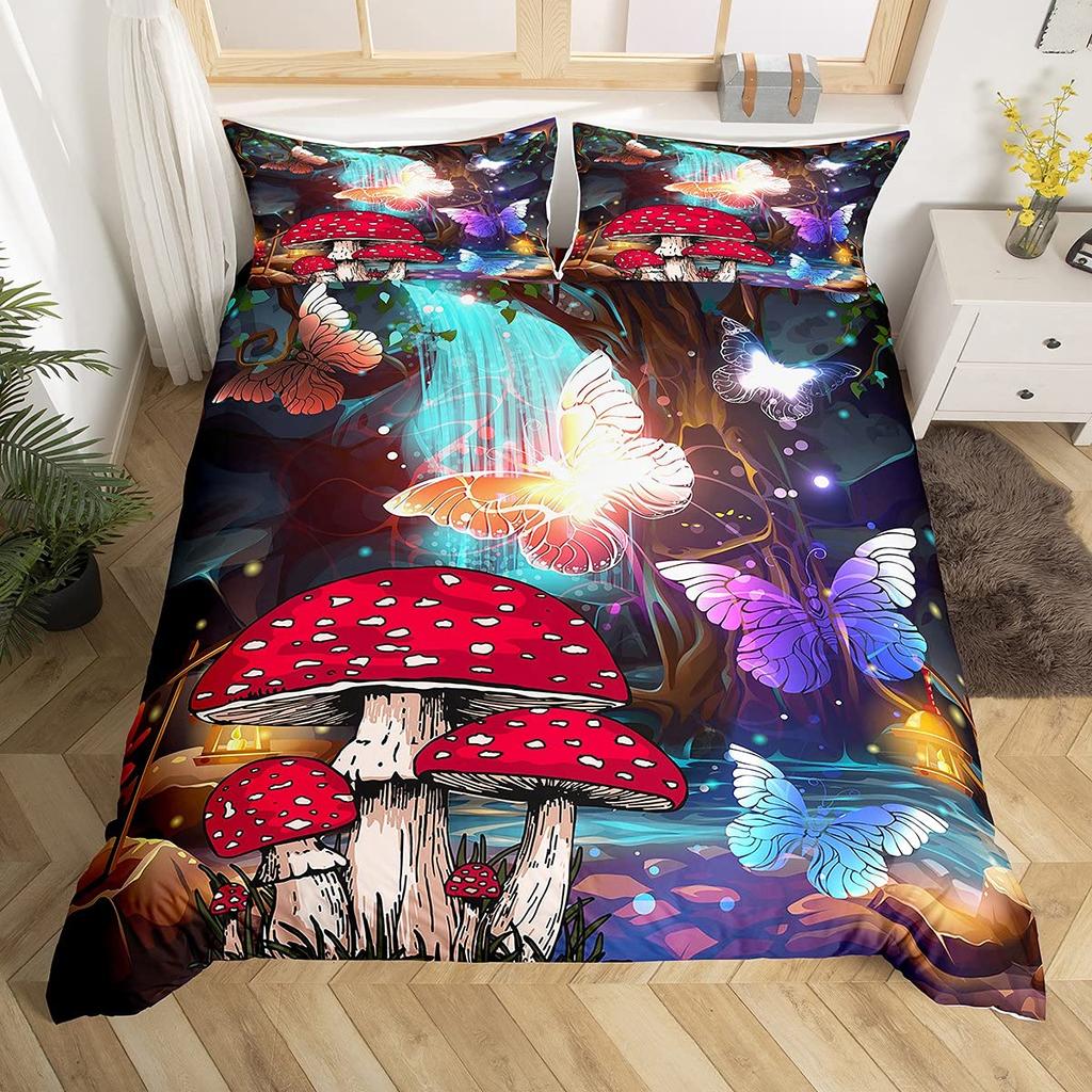 Mushroom Duvet Cover Set Cartoon Castle Bedding Set Microfiber Fungus Botanical Floral Comforter Cover Twin King For Boys Girls