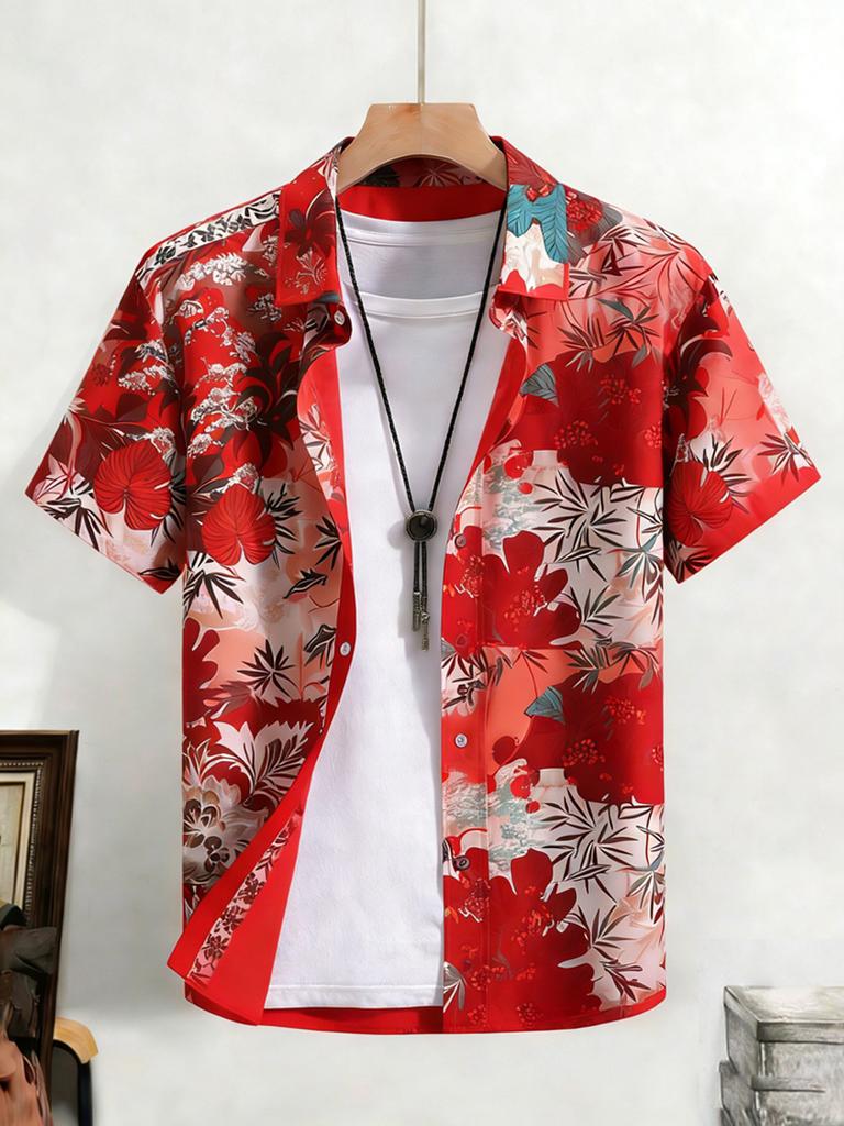 Herren Einfaches Freizeit-Kurzarmhemd Buntes Pflanzen-High-Definition-Druckhemd Atmungsaktives Hawaiianisches Outdoor-Herrenbekleidung