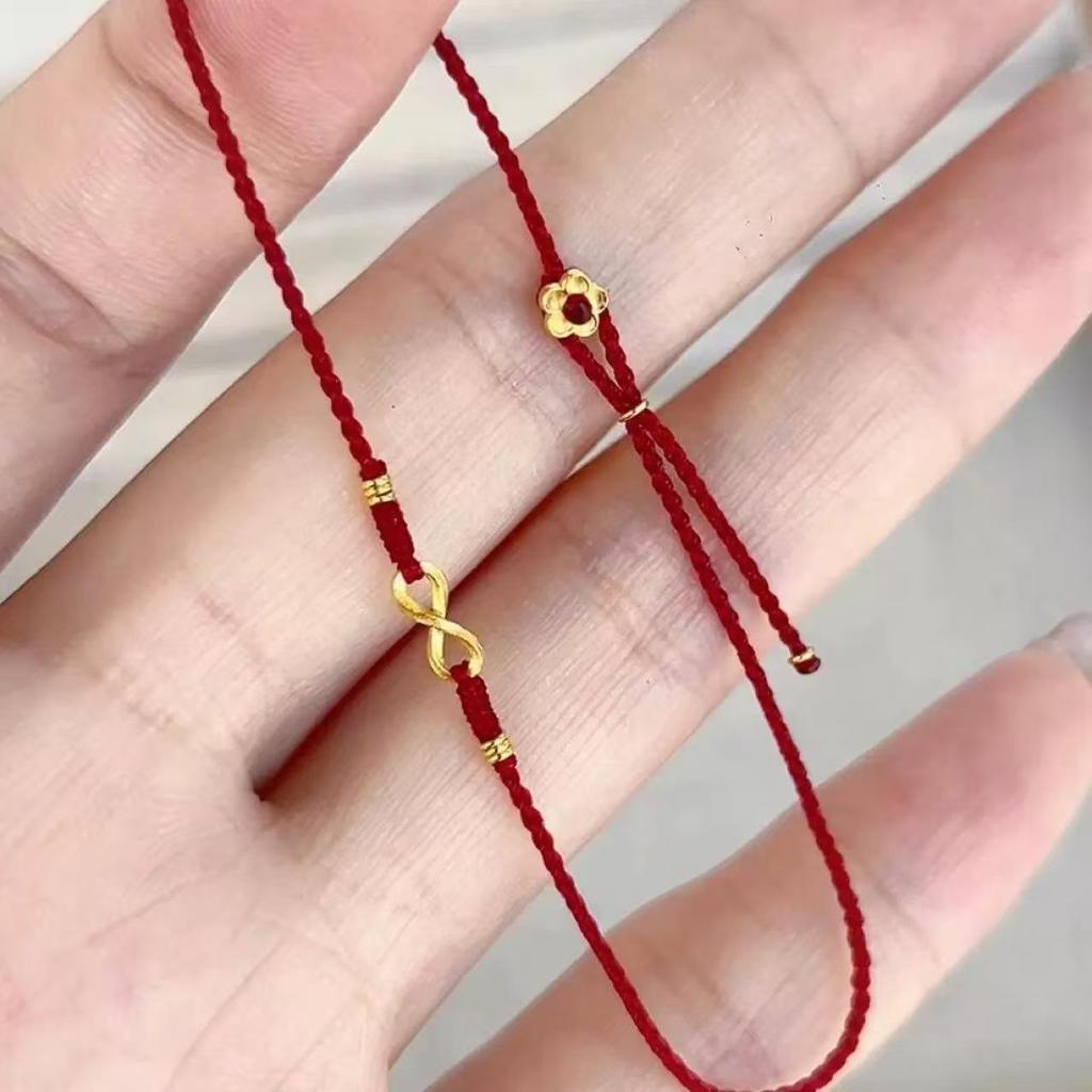 Exquisiteira Pulseira do Zodíaco Dourada Tecida à Mão com Corda Vermelha, Flor da Sorte e Fivela de Cauda Infinita para Mulheres.
