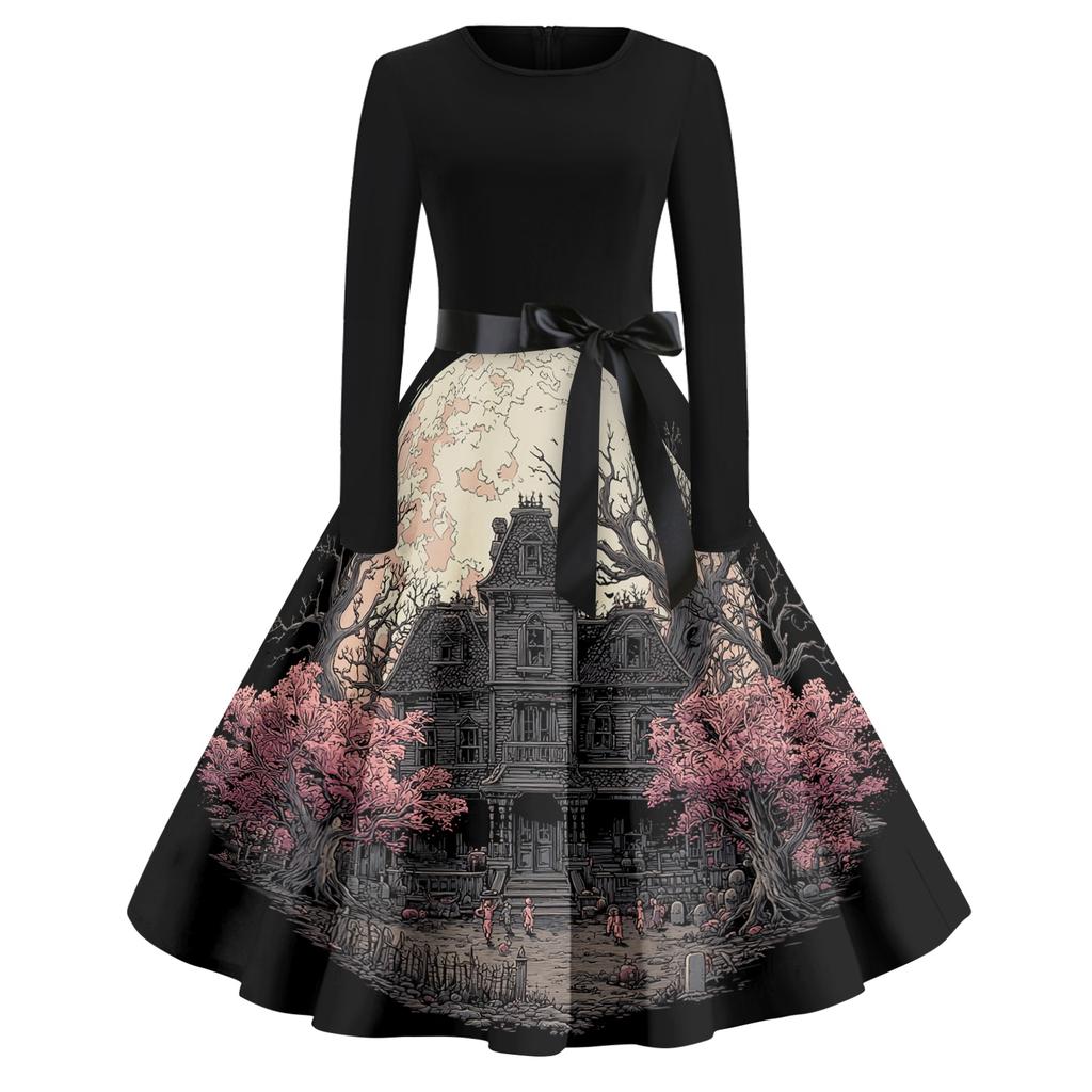Women's Casual Fashion Round Neck Halloween Printed Vintage Dress