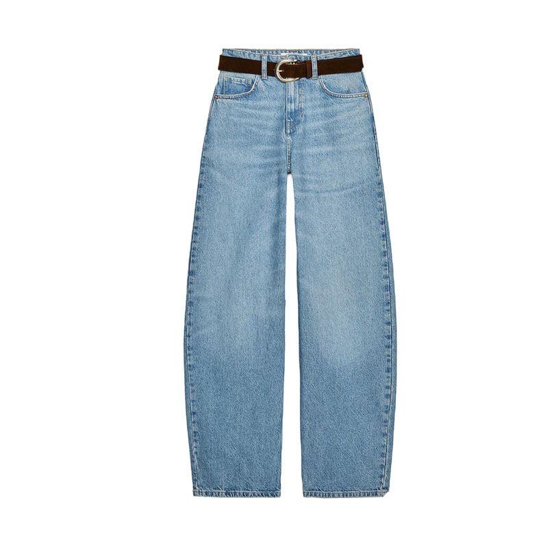 

Spring New Women clothes French style All-Match Casual With Belt High Waist Wide Leg Shrink Feet Jeans 6147067 Light Blue L