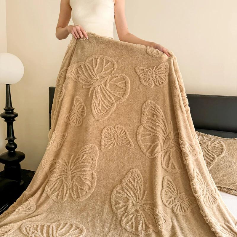 Luxurious Chiffon Butterfly Jacquard Throw Blanket Velvet Nap Blanket Office Shawl Comfortable Blanket Warm Sofa Blankets for Bed Quilt
