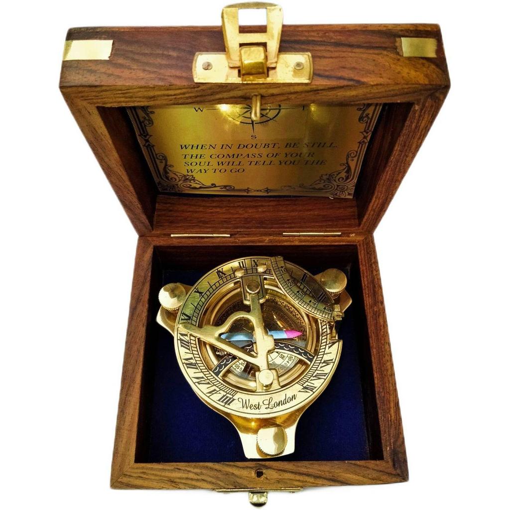 India Brass Sundial Compass With Wood box collectible gift Compass  (Gold, Brown)