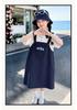 Girls' Summer 2026 Korean Style Letter Print Two-Piece Look Strap Dress - Stylish & Long