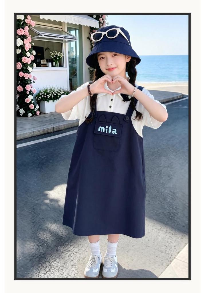 Girls' Summer 2026 Korean Style Letter Print Two-Piece Look Strap Dress - Stylish & Long