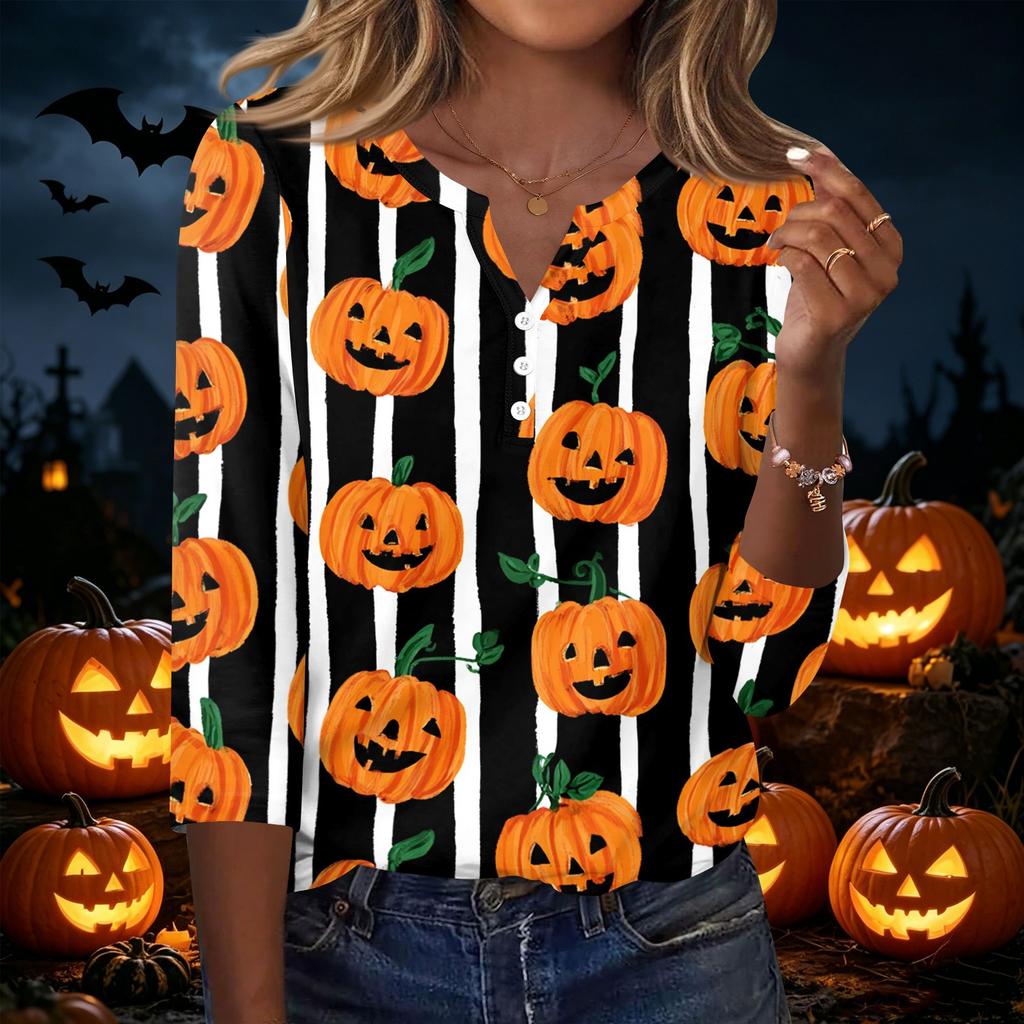 Women's Casual Halloween Print V Neck Button Front Three Quarter Sleeve T Shirt Top Lightweight Comfortable Fall Shirt