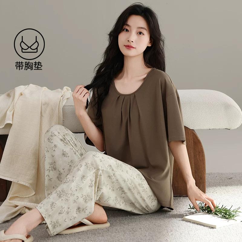 Pajamas Women's 1011 New Summer Lyocell Tencel Cotton Short-sleeved Trousers Korean Fashion Loungewear with Chest Pads
