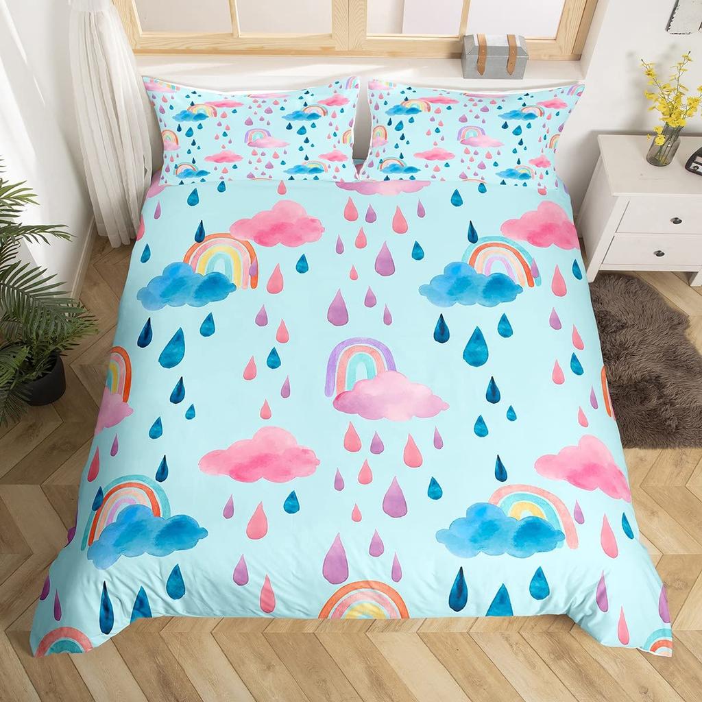 Rainbow Duvet Cover Sun and Stars for Girls Boys Children Cartoon Style Cloud Girly Microfiber Quilt Cover Bedroom Decorations