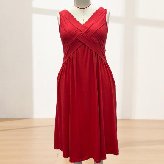 Robe d'été sans manches pour femme, robe midi plissée à col en V, respirante, décontractée, avec ourlet évasé au-dessus de la cheville, robe trapèze avec poches
