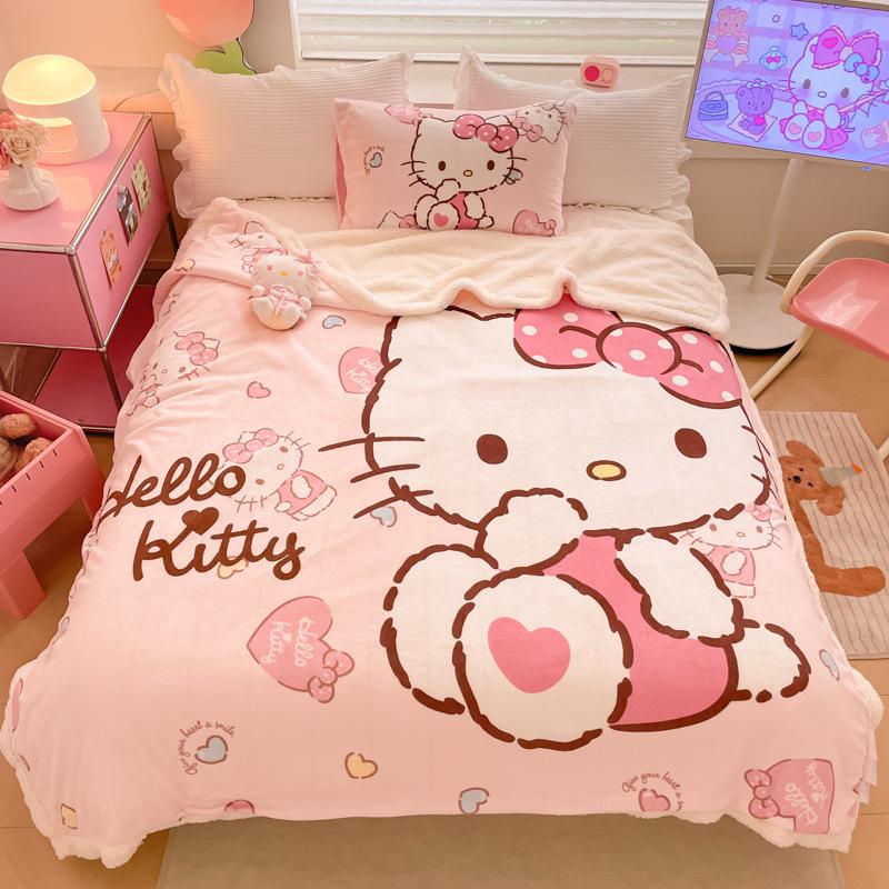 Throw Blanket Hello Kitty Melody Cinnamoroll Large Cartoon Lamb Fleece Double-Layer Thickened Milk Fleece Blanket Plus Velvet