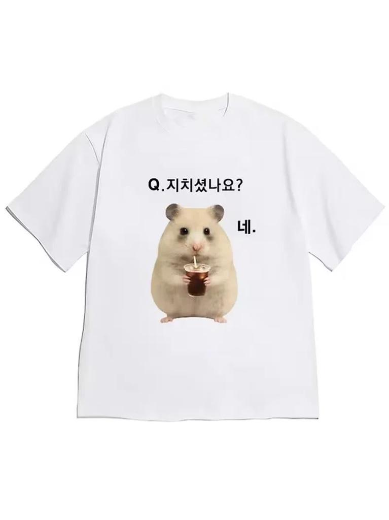 Y2k Tops Cute and Lively Style Colorful Text Bubbles Heart Star Print ShortSleeved TShirt with Decorated Hamster Image Unisex
