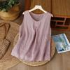 Canotta da donna senza maniche con ricamo geometrico, girocollo, casual, vestibilità ampia, camicetta in misto lino